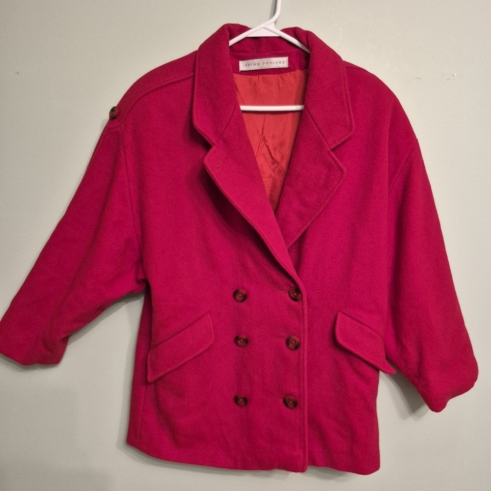 Irving Posluns Women's Vintage Red Double Breasted Virgin Wool Coat Size Large - Picture 2 of 9